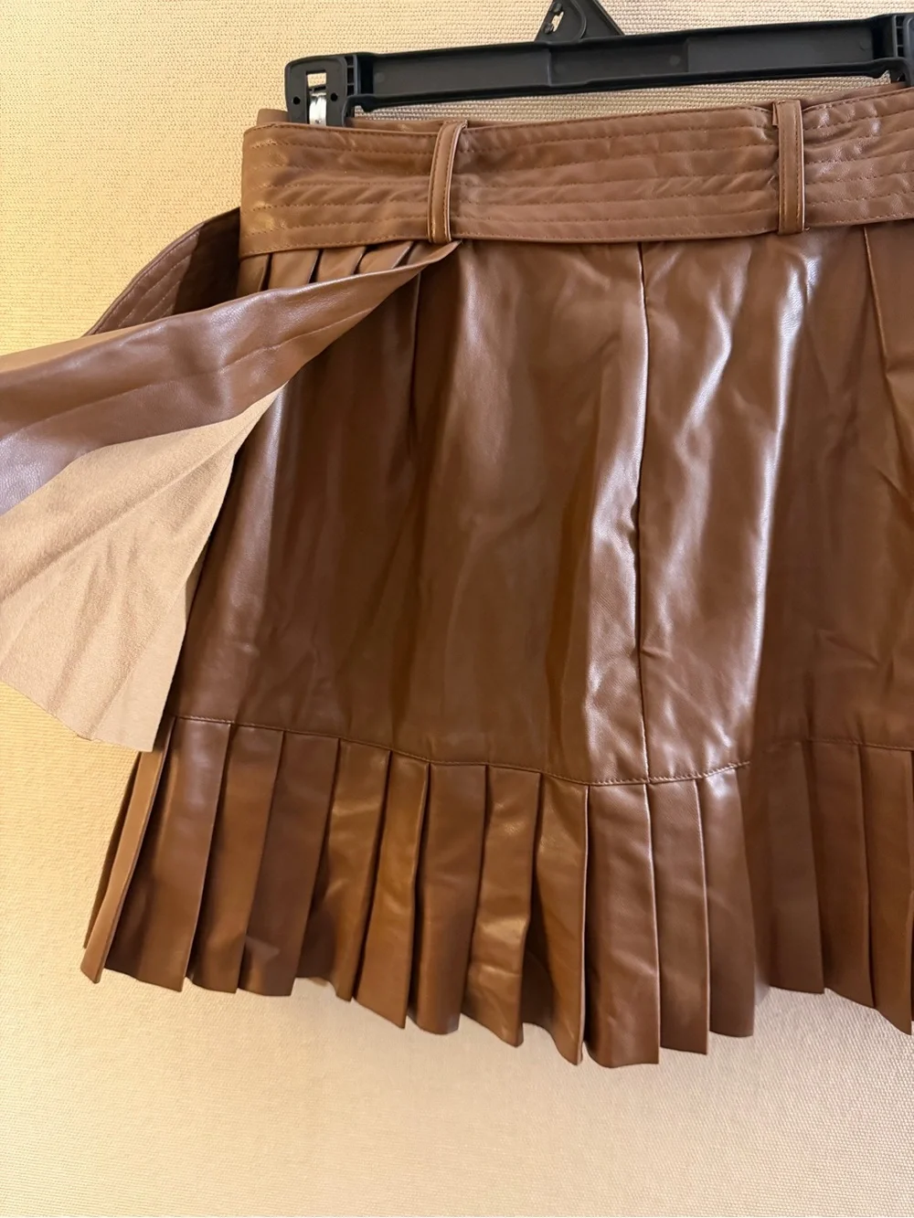 Women’s Brown Pleated Faux Leather Mini Skirt with Belt